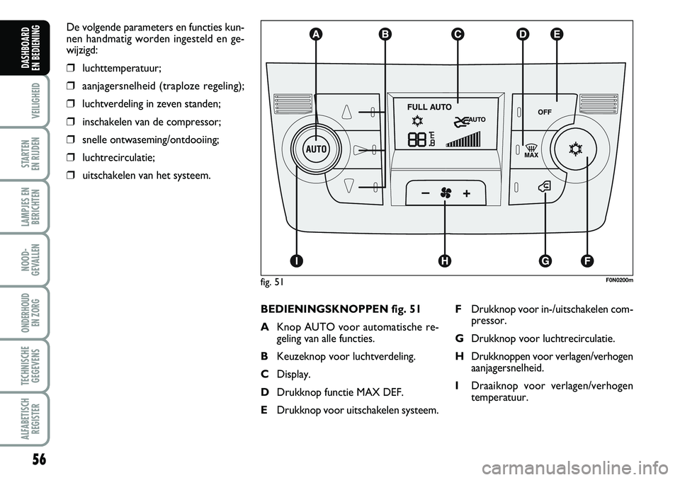 FIAT DUCATO 2007  Instructieboek (in Dutch) 56
VEILIGHEID
STARTEN 
EN RIJDEN
LAMPJES EN
BERICHTEN
NOOD-
GEVALLEN
ONDERHOUD 
EN ZORG
TECHNISCHE
GEGEVENS
ALFABETISCH
REGISTER
DASHBOARD 
EN BEDIENING 
De volgende parameters en functies kun-
nen ha