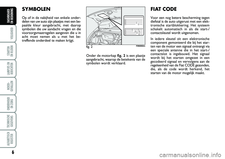 FIAT DUCATO 2007  Instructieboek (in Dutch) 6
VEILIGHEID
STARTEN 
EN RIJDEN
LAMPJES EN
BERICHTEN
NOOD-
GEVALLEN
ONDERHOUD 
EN ZORG
TECHNISCHE
GEGEVENS
ALFABETISCH
REGISTER
DASHBOARD 
EN BEDIENING 
SYMBOLEN
Op of in de nabijheid van enkele onder