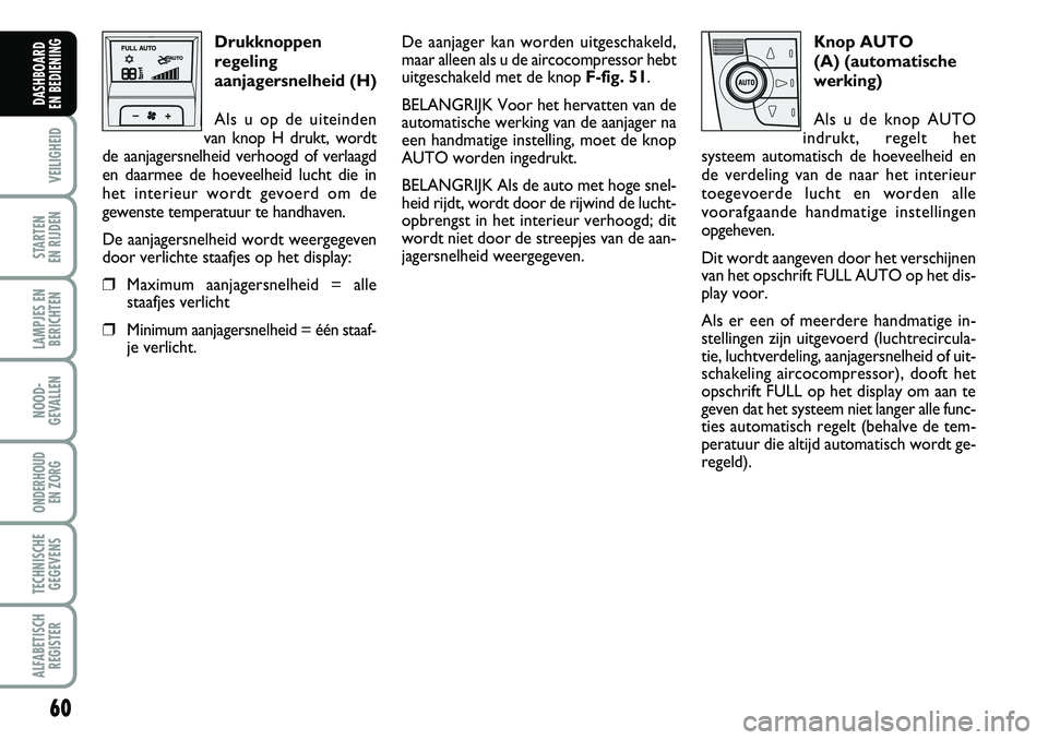 FIAT DUCATO 2007  Instructieboek (in Dutch) 60
VEILIGHEID
STARTEN 
EN RIJDEN
LAMPJES EN
BERICHTEN
NOOD-
GEVALLEN
ONDERHOUD 
EN ZORG
TECHNISCHE
GEGEVENS
ALFABETISCH
REGISTER
DASHBOARD 
EN BEDIENING 
Drukknoppen
regeling
aanjagersnelheid (H)
Als 