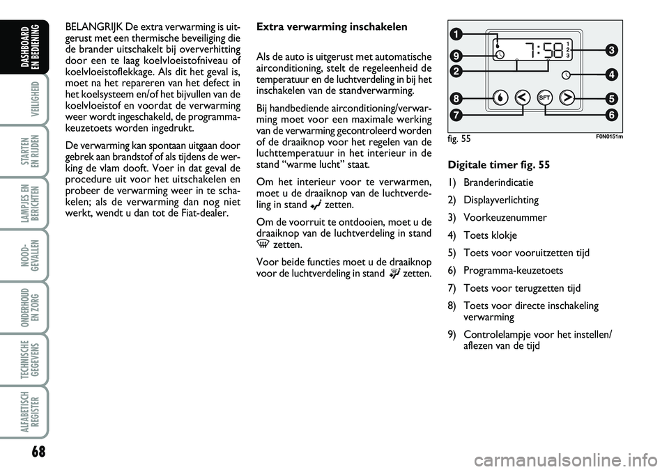 FIAT DUCATO 2007  Instructieboek (in Dutch) 68
VEILIGHEID
STARTEN 
EN RIJDEN
LAMPJES EN
BERICHTEN
NOOD-
GEVALLEN
ONDERHOUD 
EN ZORG
TECHNISCHE
GEGEVENS
ALFABETISCH
REGISTER
DASHBOARD 
EN BEDIENING 
BELANGRIJK De extra verwarming is uit-
gerust 
