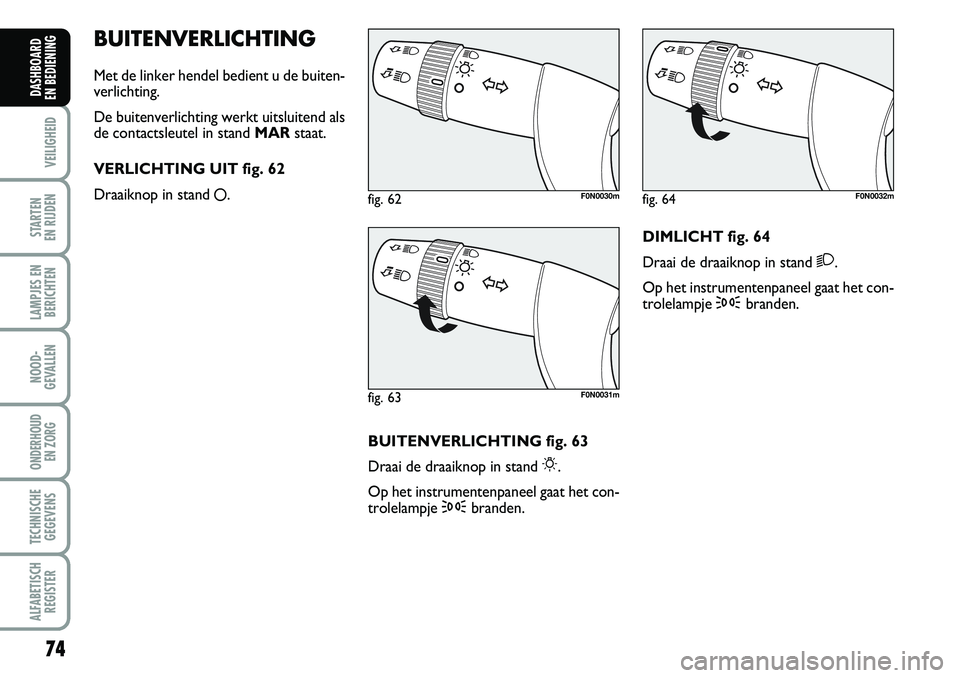FIAT DUCATO 2007  Instructieboek (in Dutch) 74
VEILIGHEID
STARTEN 
EN RIJDEN
LAMPJES EN
BERICHTEN
NOOD-
GEVALLEN
ONDERHOUD 
EN ZORG
TECHNISCHE
GEGEVENS
ALFABETISCH
REGISTER
DASHBOARD 
EN BEDIENING 
BUITENVERLICHTING
Met de linker hendel bedient