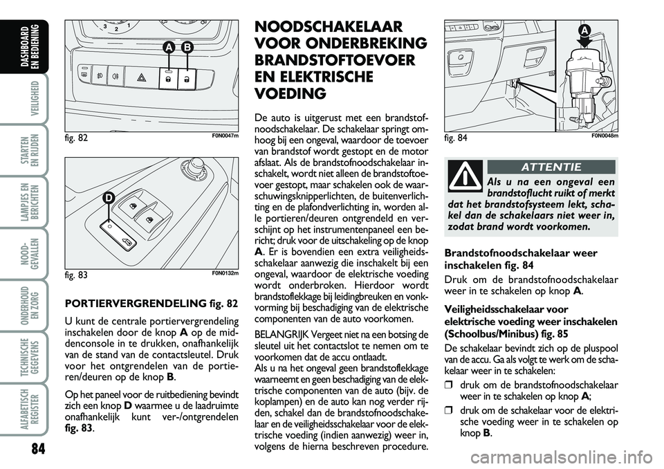 FIAT DUCATO 2007 Instructieboek (in Dutch) 84
VEILIGHEID
STARTEN
EN RIJDEN
LAMPJES EN
BERICHTEN
NOOD-
GEVALLEN
ONDERHOUD
EN ZORG
TECHNISCHE
GEGEVENS
ALFABETISCH
REGISTER
DASHBOARD
EN BEDIENING
PORTIERVERGRENDELING fig. 82
U kunt de central FIAT DUCATO 2007 Instructieboek (in Dutch) 84
VEILIGHEID
STARTEN
EN RIJDEN
LAMPJES EN
BERICHTEN
NOOD-
GEVALLEN
ONDERHOUD
EN ZORG
TECHNISCHE
GEGEVENS
ALFABETISCH
REGISTER
DASHBOARD
EN BEDIENING
PORTIERVERGRENDELING fig. 82
U kunt de central