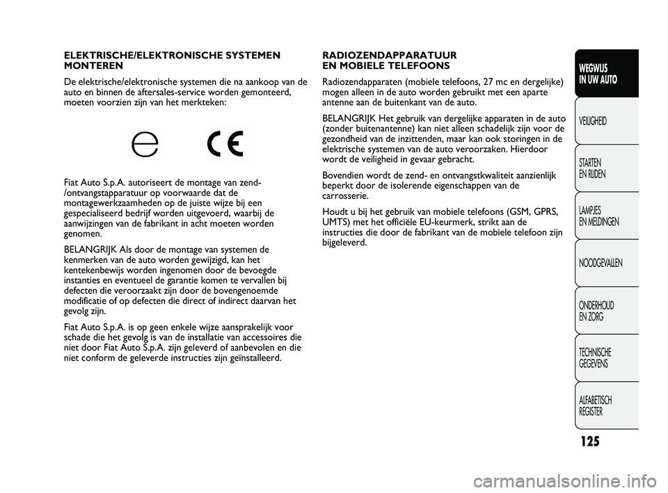 FIAT DUCATO 2011 Instructieboek (in Dutch) RADIOZENDAPPARATUUR
EN MOBIELE TELEFOONS
Radiozendapparaten (mobiele telefoons, 27 mc en dergelijke)
mogen alleen in de auto worden gebruikt met een aparte
antenne aan de buitenkant van de auto.
BELA FIAT DUCATO 2011 Instructieboek (in Dutch) RADIOZENDAPPARATUUR
EN MOBIELE TELEFOONS
Radiozendapparaten (mobiele telefoons, 27 mc en dergelijke)
mogen alleen in de auto worden gebruikt met een aparte
antenne aan de buitenkant van de auto.
BELA