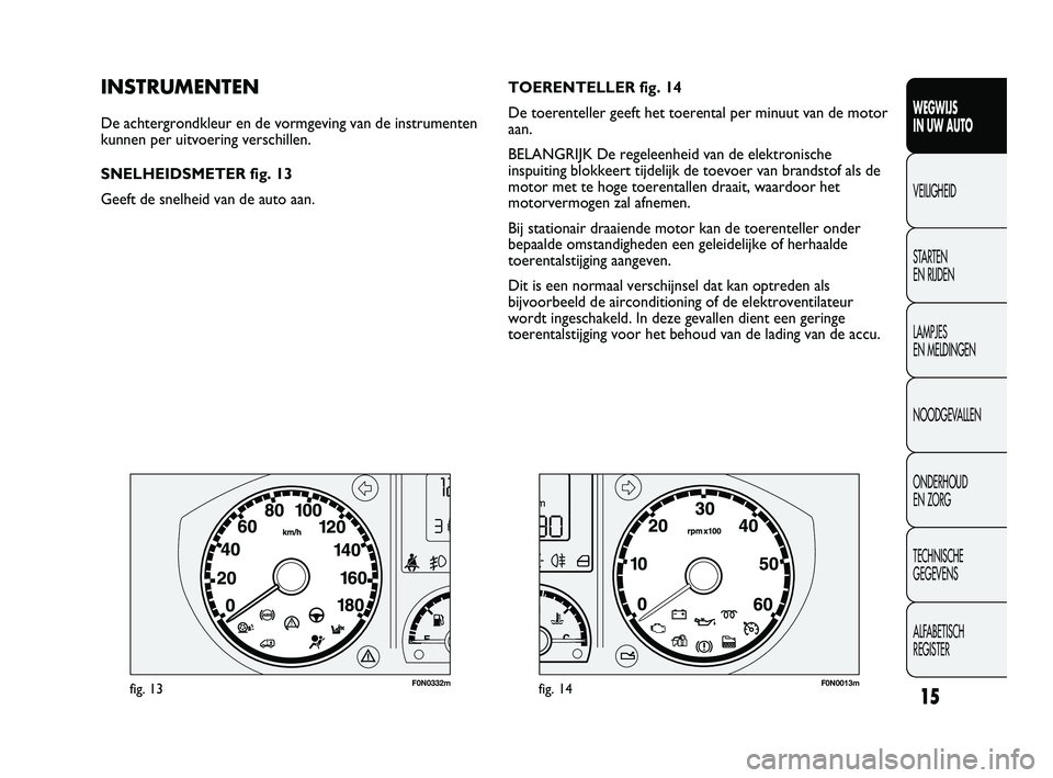 FIAT DUCATO 2010 Instructieboek (in Dutch) 15
WEGWIJS
IN UW AUTO
VEILIGHEID
STARTEN
EN RIJDEN
LAMPJES
EN MELDINGEN
NOODGEVALLEN
ONDERHOUD
EN ZORG
TECHNISCHE
GEGEVENS
ALFABETISCH
REGISTER
F0N0332mfig. 13F0N0013mfig. 14
TOERENTELLER fig. 1 FIAT DUCATO 2010 Instructieboek (in Dutch) 15
WEGWIJS
IN UW AUTO
VEILIGHEID
STARTEN
EN RIJDEN
LAMPJES
EN MELDINGEN
NOODGEVALLEN
ONDERHOUD
EN ZORG
TECHNISCHE
GEGEVENS
ALFABETISCH
REGISTER
F0N0332mfig. 13F0N0013mfig. 14
TOERENTELLER fig. 1