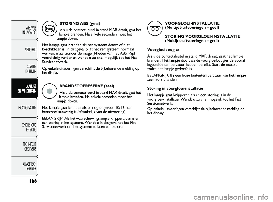 FIAT DUCATO 2009 Instructieboek (in Dutch) 166
WEGWIJS
IN UW AUTO
VEILIGHEID
STARTEN
EN RIJDEN
LAMPJES
EN MELDINGEN
NOODGEVALLEN
ONDERHOUD
EN ZORG
TECHNISCHE
GEGEVENS
ALFABETISCH
REGISTER
BRANDSTOFRESERVE (geel)
Als u de contactsleutel i FIAT DUCATO 2009 Instructieboek (in Dutch) 166
WEGWIJS
IN UW AUTO
VEILIGHEID
STARTEN
EN RIJDEN
LAMPJES
EN MELDINGEN
NOODGEVALLEN
ONDERHOUD
EN ZORG
TECHNISCHE
GEGEVENS
ALFABETISCH
REGISTER
BRANDSTOFRESERVE (geel)
Als u de contactsleutel i