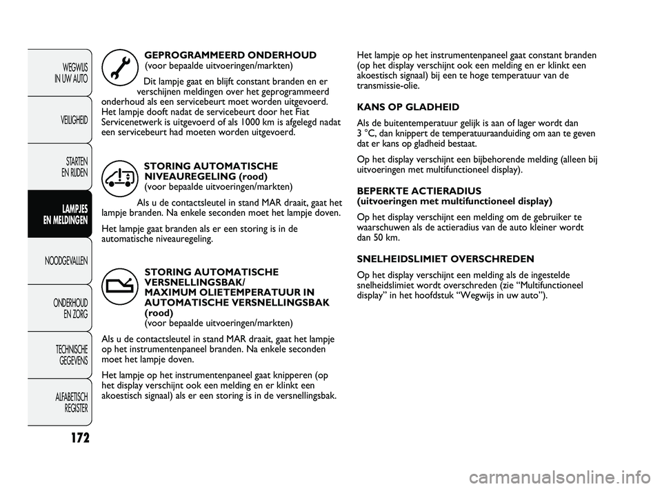 FIAT DUCATO 2009 Instructieboek (in Dutch) 172
WEGWIJS
IN UW AUTO
VEILIGHEID
STARTEN
EN RIJDEN
LAMPJES
EN MELDINGEN
NOODGEVALLEN
ONDERHOUD
EN ZORG
TECHNISCHE
GEGEVENS
ALFABETISCH
REGISTER
Het lampje op het instrumentenpaneel gaat constan FIAT DUCATO 2009 Instructieboek (in Dutch) 172
WEGWIJS
IN UW AUTO
VEILIGHEID
STARTEN
EN RIJDEN
LAMPJES
EN MELDINGEN
NOODGEVALLEN
ONDERHOUD
EN ZORG
TECHNISCHE
GEGEVENS
ALFABETISCH
REGISTER
Het lampje op het instrumentenpaneel gaat constan