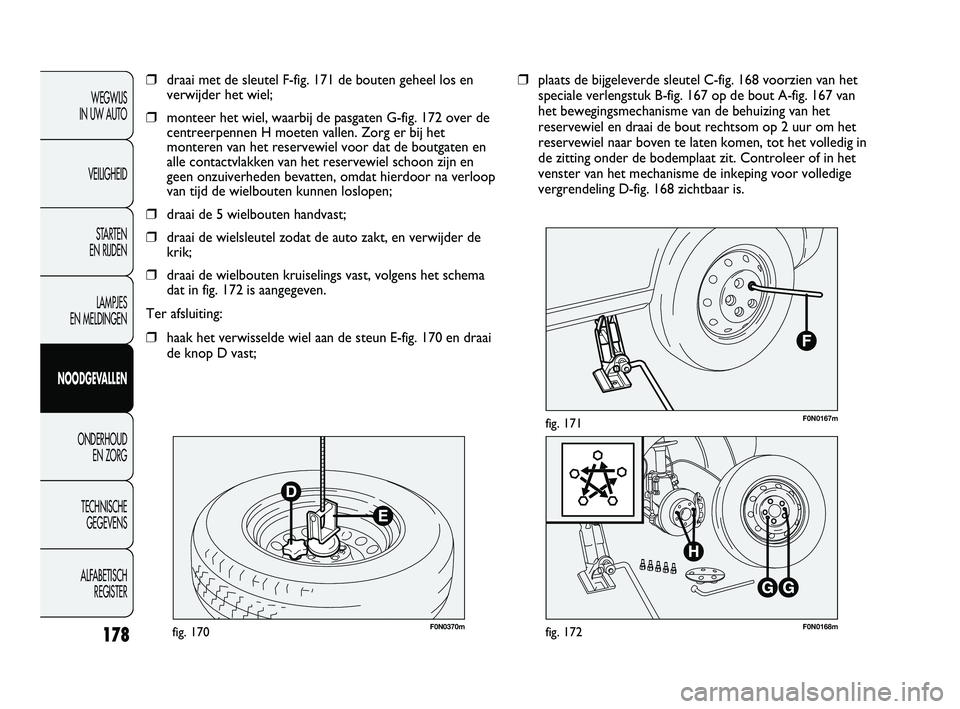 FIAT DUCATO 2009 Instructieboek (in Dutch) F0N0370mfig. 170F0N0168mfig. 172
F0N0167mfig. 171
❒plaats de bijgeleverde sleutel C-fig. 168 voorzien van het
speciale verlengstuk B-fig. 167 op de bout A-fig. 167 van
het bewegingsmechanisme van de FIAT DUCATO 2009 Instructieboek (in Dutch) F0N0370mfig. 170F0N0168mfig. 172
F0N0167mfig. 171
❒plaats de bijgeleverde sleutel C-fig. 168 voorzien van het
speciale verlengstuk B-fig. 167 op de bout A-fig. 167 van
het bewegingsmechanisme van de