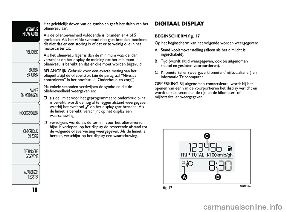 FIAT DUCATO 2010 Instructieboek (in Dutch) F0N0016mfig. 17
DIGITAAL DISPLAY
BEGINSCHERM fig. 17
Op het beginscherm kan het volgende worden weergegeven:
A Stand koplampverstelling (alleen als het dimlicht is
ingeschakeld).
B Tijd (wordt altijd FIAT DUCATO 2010 Instructieboek (in Dutch) F0N0016mfig. 17
DIGITAAL DISPLAY
BEGINSCHERM fig. 17
Op het beginscherm kan het volgende worden weergegeven:
A Stand koplampverstelling (alleen als het dimlicht is
ingeschakeld).
B Tijd (wordt altijd