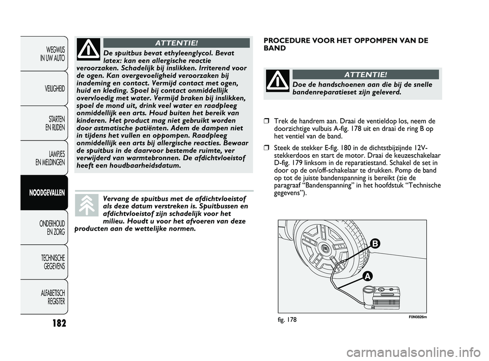 FIAT DUCATO 2011 Instructieboek (in Dutch) F0N0826mfig. 178
PROCEDURE VOOR HET OPPOMPEN VAN DE
BAND
182
WEGWIJS
IN UW AUTO
VEILIGHEID
STARTEN
EN RIJDEN
LAMPJES
EN MELDINGEN
NOODGEVALLEN
ONDERHOUD
EN ZORG
TECHNISCHE
GEGEVENS
ALFABETISCH
R FIAT DUCATO 2011 Instructieboek (in Dutch) F0N0826mfig. 178
PROCEDURE VOOR HET OPPOMPEN VAN DE
BAND
182
WEGWIJS
IN UW AUTO
VEILIGHEID
STARTEN
EN RIJDEN
LAMPJES
EN MELDINGEN
NOODGEVALLEN
ONDERHOUD
EN ZORG
TECHNISCHE
GEGEVENS
ALFABETISCH
R