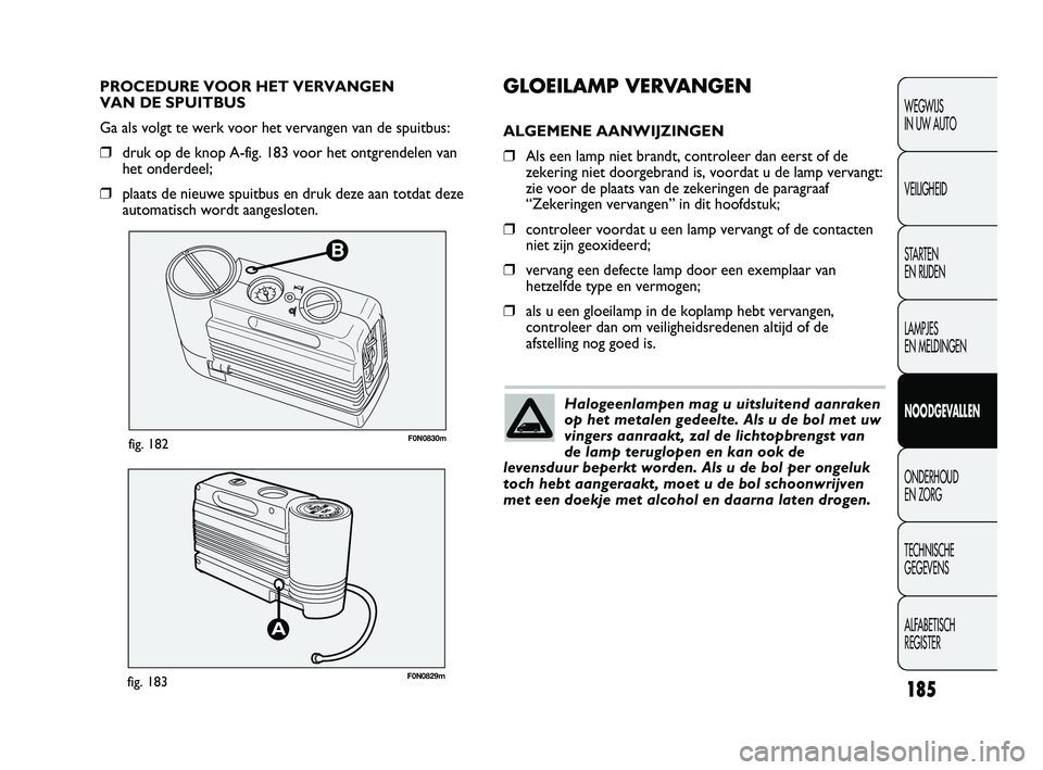FIAT DUCATO 2009  Instructieboek (in Dutch) B
F0N0830mfig. 182
F0N0829mfig. 183
GLOEILAMP VERVANGEN
ALGEMENE AANWIJZINGEN
❒Als een lamp niet brandt, controleer dan eerst of de
zekering niet doorgebrand is, voordat u de lamp vervangt:
zie voor
