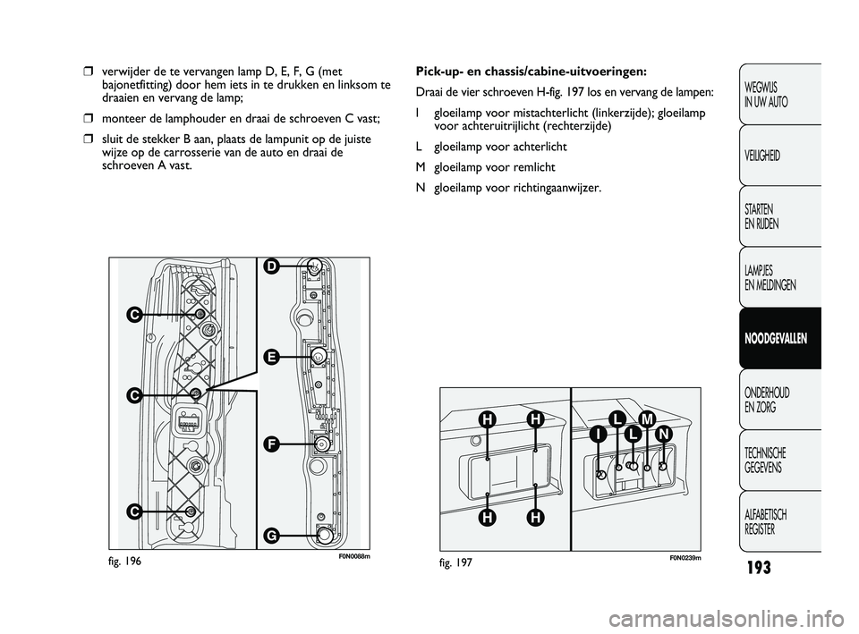 FIAT DUCATO 2009 Instructieboek (in Dutch) 193
WEGWIJS
IN UW AUTO
VEILIGHEID
STARTEN
EN RIJDEN
LAMPJES
EN MELDINGEN
NOODGEVALLEN
ONDERHOUD
EN ZORG
TECHNISCHE
GEGEVENS
ALFABETISCH
REGISTER
F0N0088mfig. 196
❒verwijder de te vervangen lam FIAT DUCATO 2009 Instructieboek (in Dutch) 193
WEGWIJS
IN UW AUTO
VEILIGHEID
STARTEN
EN RIJDEN
LAMPJES
EN MELDINGEN
NOODGEVALLEN
ONDERHOUD
EN ZORG
TECHNISCHE
GEGEVENS
ALFABETISCH
REGISTER
F0N0088mfig. 196
❒verwijder de te vervangen lam