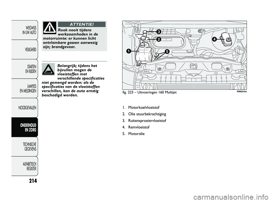 FIAT DUCATO 2009 Instructieboek (in Dutch) 214
WEGWIJS
IN UW AUTO
VEILIGHEID
STARTEN
EN RIJDEN
LAMPJES
EN MELDINGEN
NOODGEVALLEN
ONDERHOUD
EN ZORG
TECHNISCHE
GEGEVENS
ALFABETISCH
REGISTER
Belangrijk; tijdens het
bijvullen mogen de
vloeis FIAT DUCATO 2009 Instructieboek (in Dutch) 214
WEGWIJS
IN UW AUTO
VEILIGHEID
STARTEN
EN RIJDEN
LAMPJES
EN MELDINGEN
NOODGEVALLEN
ONDERHOUD
EN ZORG
TECHNISCHE
GEGEVENS
ALFABETISCH
REGISTER
Belangrijk; tijdens het
bijvullen mogen de
vloeis