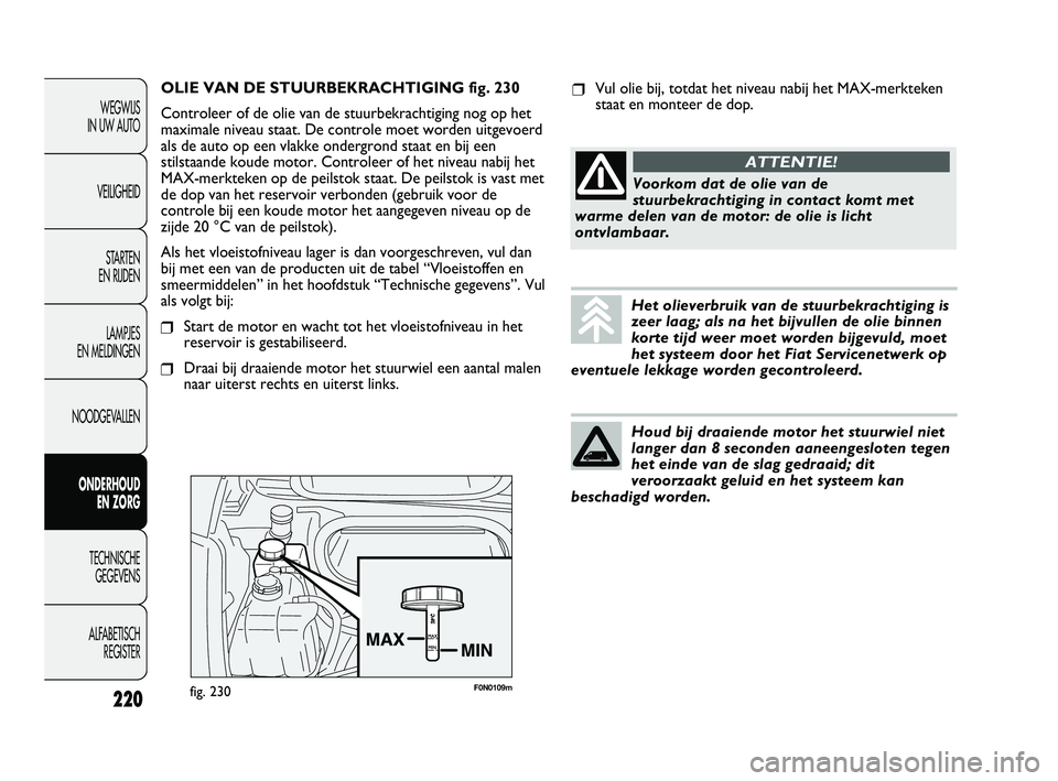 FIAT DUCATO 2009 Instructieboek (in Dutch) 220
WEGWIJS
IN UW AUTO
VEILIGHEID
STARTEN
EN RIJDEN
LAMPJES
EN MELDINGEN
NOODGEVALLEN
ONDERHOUD
EN ZORG
TECHNISCHE
GEGEVENS
ALFABETISCH
REGISTER
F0N0109mfig. 230
OLIE VAN DE STUURBEKRACHTIGING f FIAT DUCATO 2009 Instructieboek (in Dutch) 220
WEGWIJS
IN UW AUTO
VEILIGHEID
STARTEN
EN RIJDEN
LAMPJES
EN MELDINGEN
NOODGEVALLEN
ONDERHOUD
EN ZORG
TECHNISCHE
GEGEVENS
ALFABETISCH
REGISTER
F0N0109mfig. 230
OLIE VAN DE STUURBEKRACHTIGING f