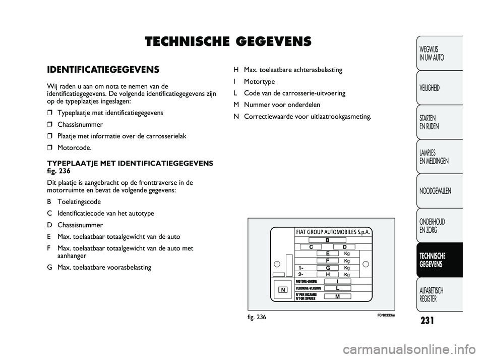 FIAT DUCATO 2009 Instructieboek (in Dutch) F0N0333mfig. 236
H Max. toelaatbare achterasbelasting
I Motortype
L Code van de carrosserie-uitvoering
M Nummer voor onderdelen
N Correctiewaarde voor uitlaatrookgasmeting.
231
WEGWIJS
IN UW AUTO
VEI FIAT DUCATO 2009 Instructieboek (in Dutch) F0N0333mfig. 236
H Max. toelaatbare achterasbelasting
I Motortype
L Code van de carrosserie-uitvoering
M Nummer voor onderdelen
N Correctiewaarde voor uitlaatrookgasmeting.
231
WEGWIJS
IN UW AUTO
VEI