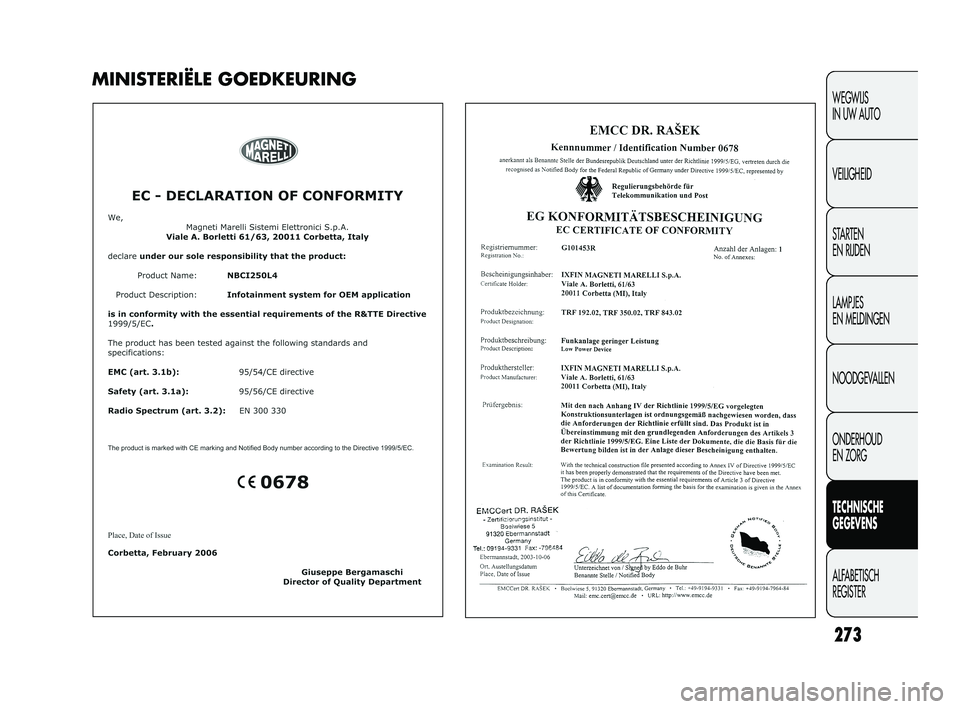 FIAT DUCATO 2009 Instructieboek (in Dutch) 273
WEGWIJS
IN UW AUTO
VEILIGHEID
STARTEN
EN RIJDEN
LAMPJES
EN MELDINGEN
NOODGEVALLEN
ONDERHOUD
EN ZORG
TECHNISCHE
GEGEVENS
ALFABETISCH
REGISTER
MINISTERIËLE GOEDKEURING
231-276 DUCATO LUM NL FIAT DUCATO 2009 Instructieboek (in Dutch) 273
WEGWIJS
IN UW AUTO
VEILIGHEID
STARTEN
EN RIJDEN
LAMPJES
EN MELDINGEN
NOODGEVALLEN
ONDERHOUD
EN ZORG
TECHNISCHE
GEGEVENS
ALFABETISCH
REGISTER
MINISTERIËLE GOEDKEURING
231-276 DUCATO LUM NL
