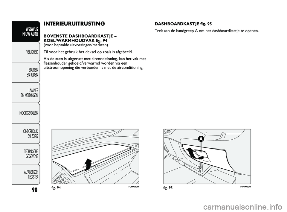 FIAT DUCATO 2010  Instructieboek (in Dutch) 90
WEGWIJS 
IN UW AUTO
VEILIGHEID
STARTEN 
EN RIJDEN
LAMPJES 
EN MELDINGEN
NOODGEVALLEN
ONDERHOUD 
EN ZORG
TECHNISCHE 
GEGEVENS
ALFABETISCH 
REGISTER
F0N0049mfig. 94
INTERIEURUITRUSTING
BOVENSTE DASHB