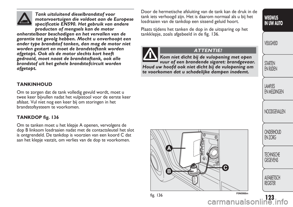 FIAT DUCATO 2013 Instructieboek (in Dutch) F0N0068mfig. 136
Door de hermetische afsluiting van de tank kan de druk in de
tank iets verhoogd zijn. Het is daarom normaal als u bij het
losdraaien van de tankdop een sissend geluid hoort.
Plaats ti FIAT DUCATO 2013 Instructieboek (in Dutch) F0N0068mfig. 136
Door de hermetische afsluiting van de tank kan de druk in de
tank iets verhoogd zijn. Het is daarom normaal als u bij het
losdraaien van de tankdop een sissend geluid hoort.
Plaats ti