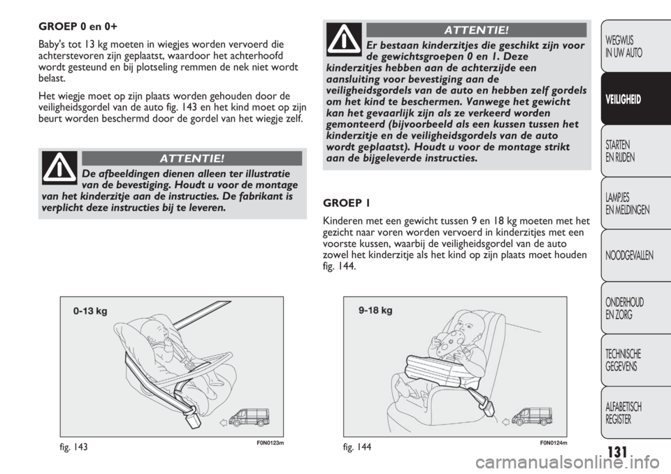 FIAT DUCATO 2013 Instructieboek (in Dutch) F0N0123mfig. 143131
WEGWIJS
IN UW AUTO
VEILIGHEID
STARTEN
EN RIJDEN
LAMPJES
EN MELDINGEN
NOODGEVALLEN
ONDERHOUD
EN ZORG
TECHNISCHE
GEGEVENS
ALFABETISCH
REGISTER
GROEP 0 en 0+
Baby's tot 13 k FIAT DUCATO 2013 Instructieboek (in Dutch) F0N0123mfig. 143131
WEGWIJS
IN UW AUTO
VEILIGHEID
STARTEN
EN RIJDEN
LAMPJES
EN MELDINGEN
NOODGEVALLEN
ONDERHOUD
EN ZORG
TECHNISCHE
GEGEVENS
ALFABETISCH
REGISTER
GROEP 0 en 0+
Baby's tot 13 k