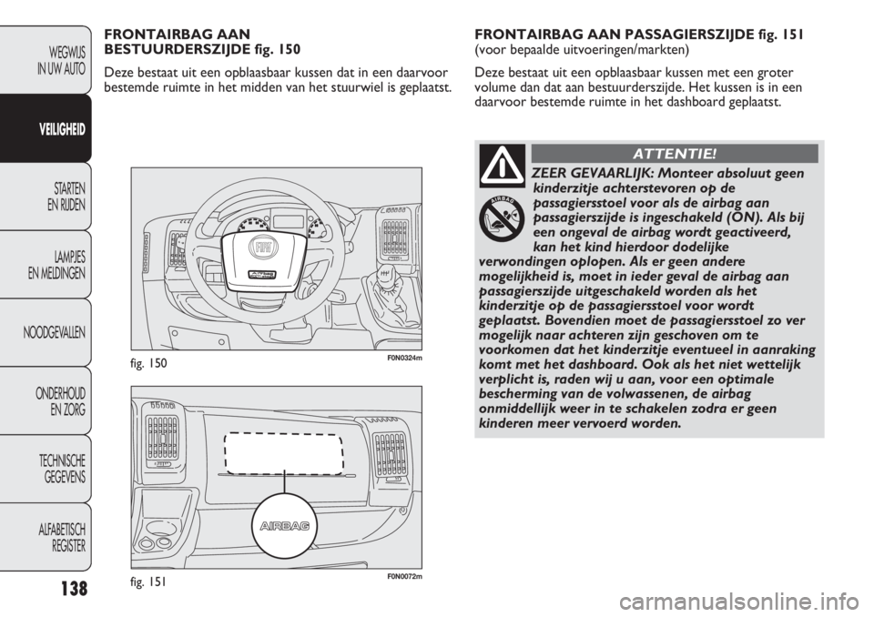 FIAT DUCATO 2013 Instructieboek (in Dutch) F0N0072mfig. 151
F0N0324mfig. 150
FRONTAIRBAG AAN PASSAGIERSZIJDE fig. 151
(voor bepaalde uitvoeringen/markten)
Deze bestaat uit een opblaasbaar kussen met een groter
volume dan dat aan bestuurderszi FIAT DUCATO 2013 Instructieboek (in Dutch) F0N0072mfig. 151
F0N0324mfig. 150
FRONTAIRBAG AAN PASSAGIERSZIJDE fig. 151
(voor bepaalde uitvoeringen/markten)
Deze bestaat uit een opblaasbaar kussen met een groter
volume dan dat aan bestuurderszi