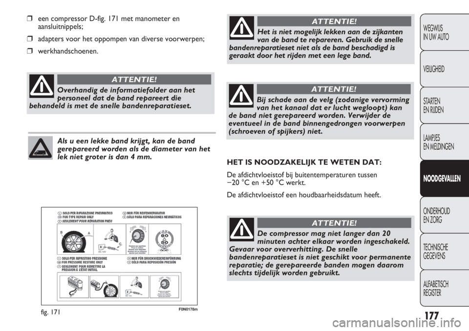 FIAT DUCATO 2013 Instructieboek (in Dutch) F0N0178mfig. 171
❒een compressor D-fig. 171 met manometer en
aansluitnippels;
❒adapters voor het oppompen van diverse voorwerpen;
❒werkhandschoenen.
177
WEGWIJS
IN UW AUTO
VEILIGHEID
STARTEN
E FIAT DUCATO 2013 Instructieboek (in Dutch) F0N0178mfig. 171
❒een compressor D-fig. 171 met manometer en
aansluitnippels;
❒adapters voor het oppompen van diverse voorwerpen;
❒werkhandschoenen.
177
WEGWIJS
IN UW AUTO
VEILIGHEID
STARTEN
E