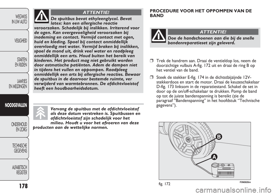 FIAT DUCATO 2012  Instructieboek (in Dutch) F0N0826mfig. 172
PROCEDURE VOOR HET OPPOMPEN VAN DE
BAND
178
WEGWIJS 
IN UW AUTO
VEILIGHEID
STARTEN 
EN RIJDEN
LAMPJES 
EN MELDINGEN
NOODGEVALLEN
ONDERHOUD 
EN ZORG
TECHNISCHE 
GEGEVENS
ALFABETISCH 
R