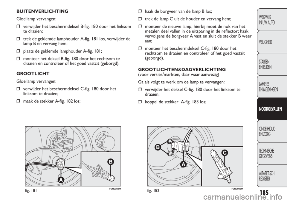 FIAT DUCATO 2013 Instructieboek (in Dutch) F0N0082mfig. 181F0N0083mfig. 182
❒haak de borgveer van de lamp B los;
❒trek de lamp C uit de houder en vervang hem;
❒monteer de nieuwe lamp; hierbij moet de nok van het
metalen deel vallen in de FIAT DUCATO 2013 Instructieboek (in Dutch) F0N0082mfig. 181F0N0083mfig. 182
❒haak de borgveer van de lamp B los;
❒trek de lamp C uit de houder en vervang hem;
❒monteer de nieuwe lamp; hierbij moet de nok van het
metalen deel vallen in de