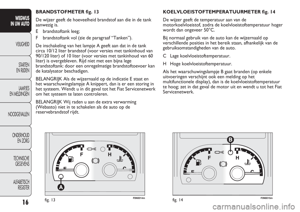 FIAT DUCATO 2013  Instructieboek (in Dutch) F0N0014mfig. 13F0N0015mfig. 14
KOELVLOEISTOFTEMPERATUURMETER fig. 14
De wijzer geeft de temperatuur aan van de
motorkoelvloeistof, zodra de koelvloeistoftemperatuur hoger
wordt dan ongeveer 50°C.
Bij