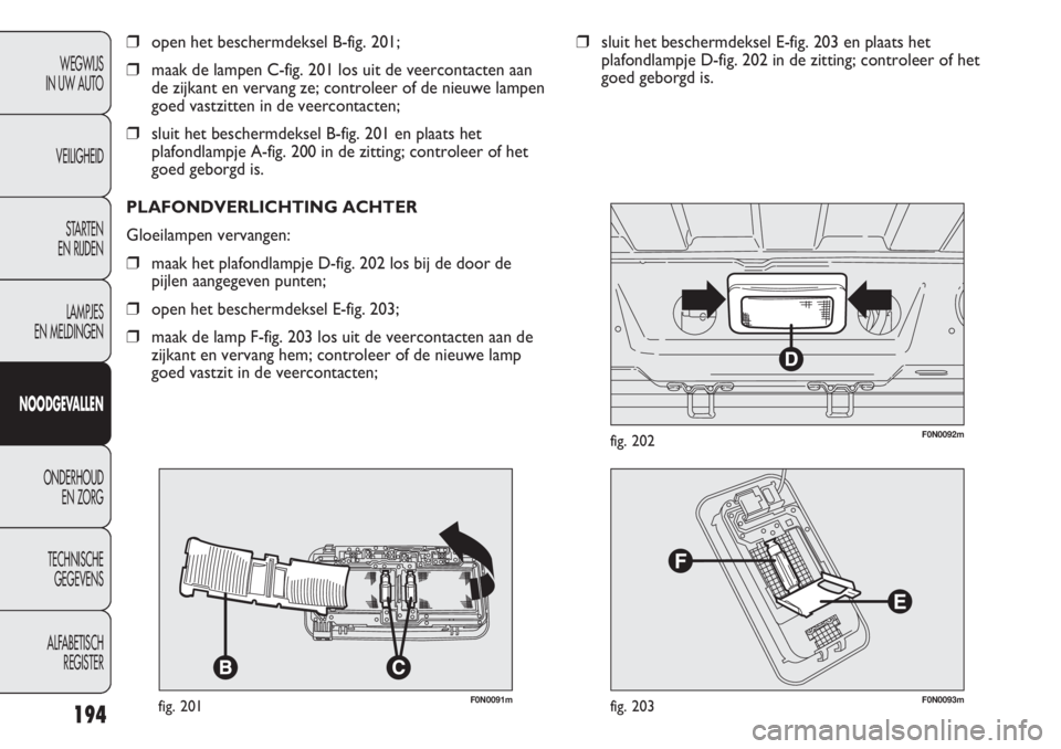 FIAT DUCATO 2013 Instructieboek (in Dutch) 194
WEGWIJS
IN UW AUTO
VEILIGHEID
STARTEN
EN RIJDEN
LAMPJES
EN MELDINGEN
NOODGEVALLEN
ONDERHOUD
EN ZORG
TECHNISCHE
GEGEVENS
ALFABETISCH
REGISTER
F0N0091mfig. 201
❒open het beschermdeksel B-fig FIAT DUCATO 2013 Instructieboek (in Dutch) 194
WEGWIJS
IN UW AUTO
VEILIGHEID
STARTEN
EN RIJDEN
LAMPJES
EN MELDINGEN
NOODGEVALLEN
ONDERHOUD
EN ZORG
TECHNISCHE
GEGEVENS
ALFABETISCH
REGISTER
F0N0091mfig. 201
❒open het beschermdeksel B-fig