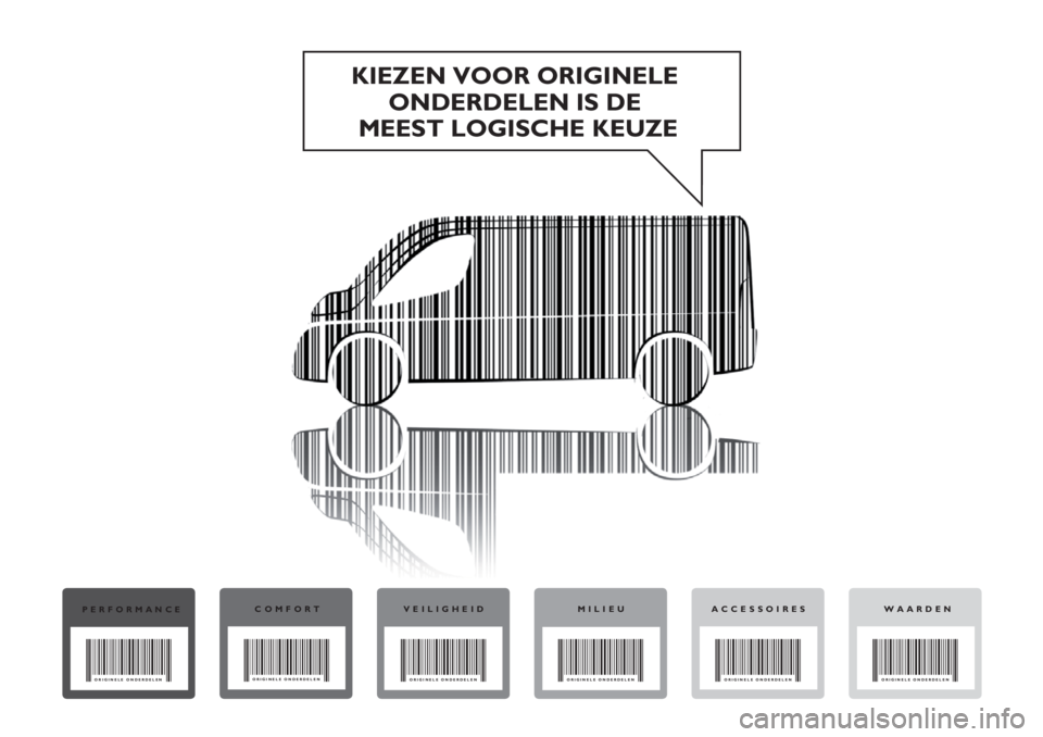 FIAT DUCATO 2013  Instructieboek (in Dutch) KIEZEN VOOR ORIGINELE 
ONDERDELEN IS DE 
MEEST LOGISCHE KEUZE
PERFORMANCECOMFORT VEILIGHEID MILIEU WAARDENACCESSOIRES
ORIGINELE ONDERDELENORIGINELE ONDERDELEN
ORIGINELE ONDERDELEN ORIGINELE ONDERDELEN