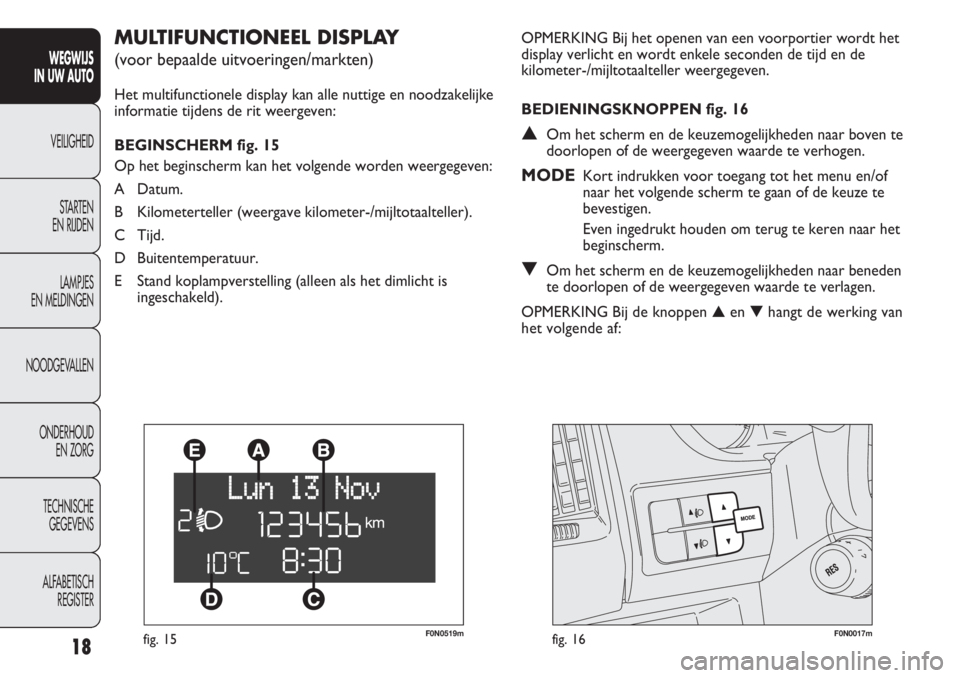 FIAT DUCATO 2012  Instructieboek (in Dutch) F0N0519mfig. 15F0N0017mfig. 16
OPMERKING Bij het openen van een voorportier wordt het
display verlicht en wordt enkele seconden de tijd en de
kilometer-/mijltotaalteller weergegeven.
BEDIENINGSKNOPPEN