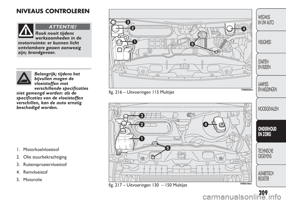 FIAT DUCATO 2012  Instructieboek (in Dutch) NIVEAUS CONTROLEREN
209
WEGWIJS 
IN UW AUTO
VEILIGHEID
STARTEN 
EN RIJDEN
LAMPJES 
EN MELDINGEN
NOODGEVALLEN
ONDERHOUD 
EN ZORG
TECHNISCHE 
GEGEVENS
ALFABETISCH 
REGISTER
fig. 216 – Uitvoeringen 115