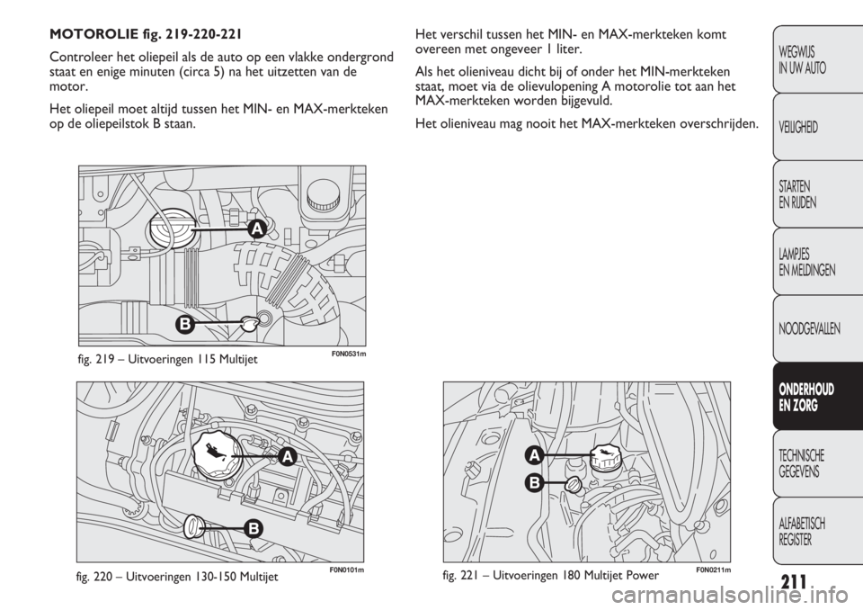 FIAT DUCATO 2012  Instructieboek (in Dutch) F0N0101mfig. 220 – Uitvoeringen 130-150 MultijetF0N0211mfig. 221 – Uitvoeringen 180 Multijet Power
Het verschil tussen het MIN- en MAX-merkteken komt
overeen met ongeveer 1 liter.
Als het olienive
