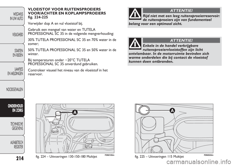 FIAT DUCATO 2012  Instructieboek (in Dutch) 214
WEGWIJS 
IN UW AUTO
VEILIGHEID
STARTEN 
EN RIJDEN
LAMPJES 
EN MELDINGEN
NOODGEVALLEN
ONDERHOUD 
EN ZORG
TECHNISCHE 
GEGEVENS
ALFABETISCH 
REGISTER
F0N0105mfig. 224 – Uitvoeringen 130-150-180 Mul