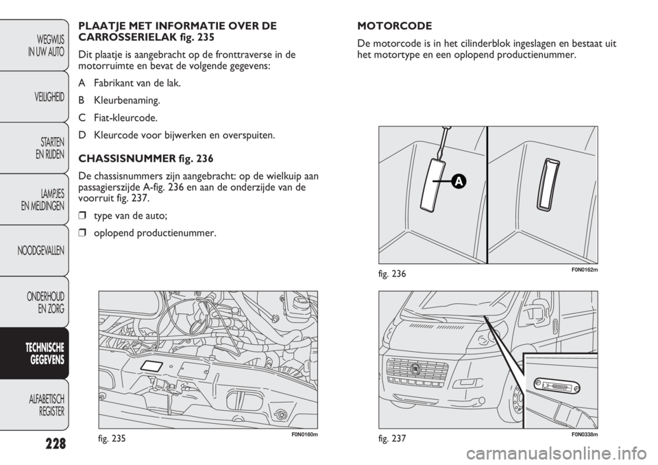 FIAT DUCATO 2012 Instructieboek (in Dutch) F0N0160mfig. 235F0N0338mfig. 237
F0N0162mfig. 236
MOTORCODE
De motorcode is in het cilinderblok ingeslagen en bestaat uit
het motortype en een oplopend productienummer. PLAATJE MET INFORMATIE OVER DE
FIAT DUCATO 2012 Instructieboek (in Dutch) F0N0160mfig. 235F0N0338mfig. 237
F0N0162mfig. 236
MOTORCODE
De motorcode is in het cilinderblok ingeslagen en bestaat uit
het motortype en een oplopend productienummer. PLAATJE MET INFORMATIE OVER DE