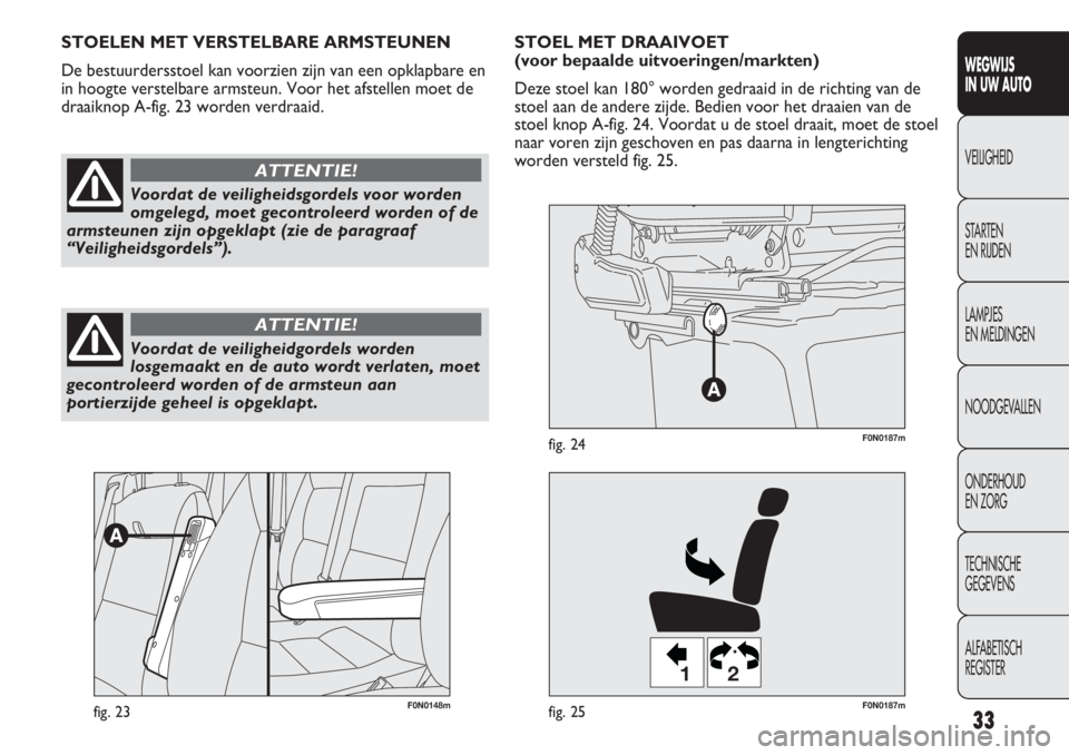 FIAT DUCATO 2013  Instructieboek (in Dutch) 33
WEGWIJS 
IN UW AUTO
VEILIGHEID
STARTEN 
EN RIJDEN
LAMPJES 
EN MELDINGEN
NOODGEVALLEN
ONDERHOUD 
EN ZORG
TECHNISCHE 
GEGEVENS
ALFABETISCH 
REGISTER
F0N0148mfig. 23
12
F0N0187mfig. 25
F0N0187mfig. 24