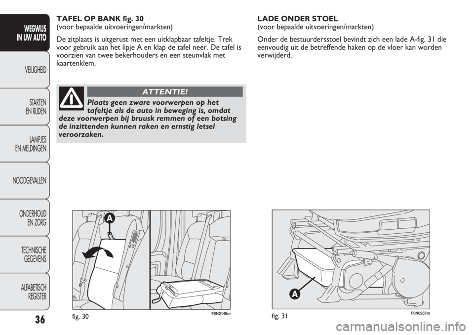 FIAT DUCATO 2012  Instructieboek (in Dutch) F0N0237mfig. 31
LADE ONDER STOEL 
(voor bepaalde uitvoeringen/markten)
Onder de bestuurdersstoel bevindt zich een lade A-fig. 31 die
eenvoudig uit de betreffende haken op de vloer kan worden
verwijder