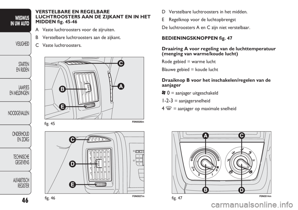 FIAT DUCATO 2013  Instructieboek (in Dutch) F0N0026mfig. 45
F0N0027mfig. 46F0N0514mfig. 47
D Verstelbare luchtroosters in het midden.
E Regelknop voor de luchtopbrengst
De luchtroosters A en C zijn niet verstelbaar.
BEDIENINGSKNOPPEN fig. 47
Dr