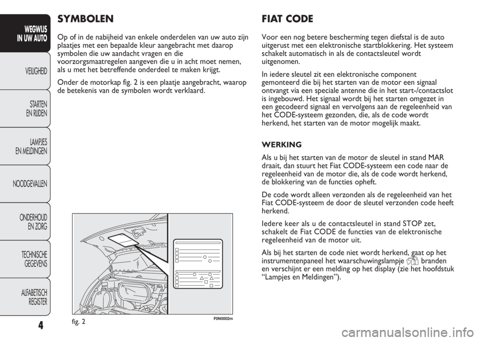 FIAT DUCATO 2012  Instructieboek (in Dutch) 4
WEGWIJS 
IN UW AUTO
VEILIGHEID
STARTEN 
EN RIJDEN
LAMPJES 
EN MELDINGEN
NOODGEVALLEN
ONDERHOUD 
EN ZORG
TECHNISCHE 
GEGEVENS
ALFABETISCH 
REGISTER
F0N0002mfig. 2
FIAT CODE
Voor een nog betere besche