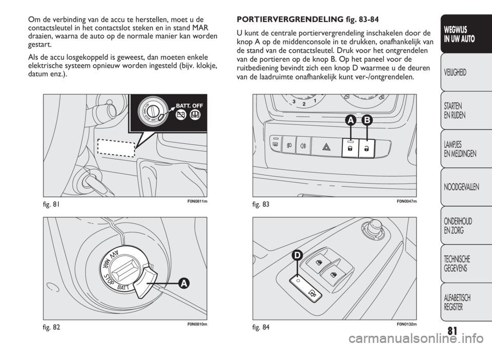 FIAT DUCATO 2013  Instructieboek (in Dutch) F0N0811mfig. 81
F0N0810mfig. 82F0N0132mfig. 84
F0N0047mfig. 83
PORTIERVERGRENDELING fig. 83-84
U kunt de centrale portiervergrendeling inschakelen door de
knop A op de middenconsole in te drukken, ona