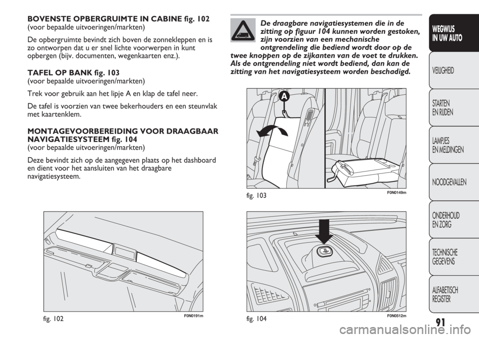 FIAT DUCATO 2012  Instructieboek (in Dutch) 91
WEGWIJS 
IN UW AUTO
VEILIGHEID
STARTEN 
EN RIJDEN
LAMPJES 
EN MELDINGEN
NOODGEVALLEN
ONDERHOUD 
EN ZORG
TECHNISCHE 
GEGEVENS
ALFABETISCH 
REGISTER
BOVENSTE OPBERGRUIMTE IN CABINE fig. 102 
(voor be