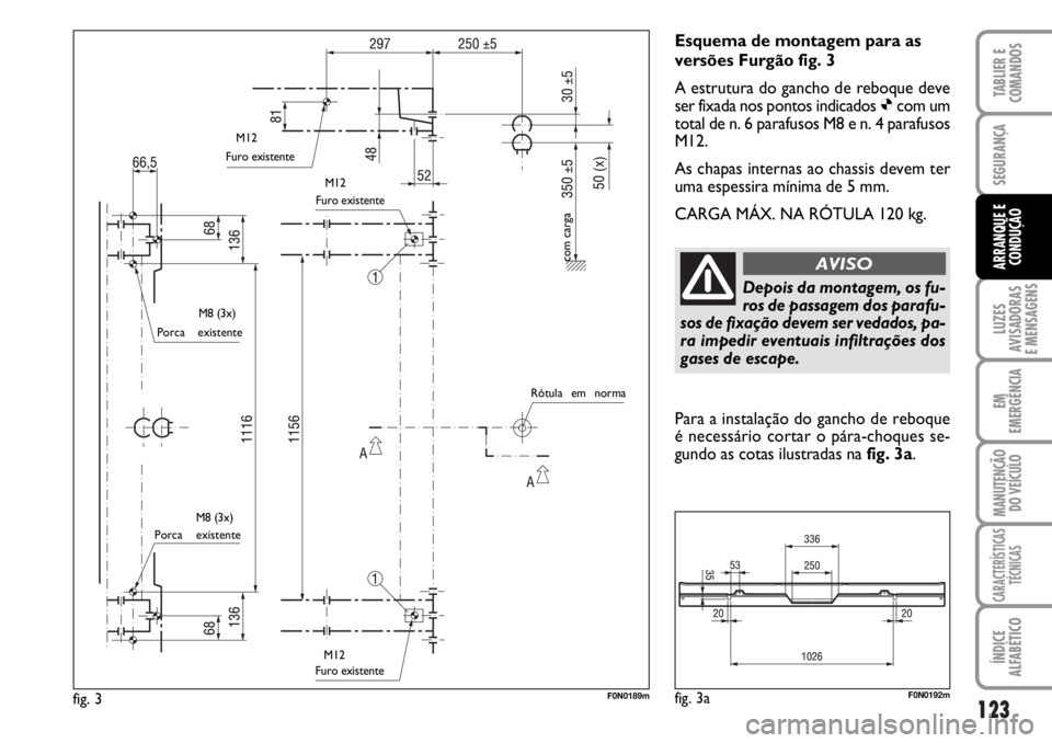 FIAT DUCATO 2006 Manual de Uso e Manutenção (in Portuguese) 123
LUZES
AVISADORAS
E MENSAGENS
EM
EMERGÊNCIA
MANUTENÇÃO
DO VEÍCULO
CARACTERÍSTICAS
TÉCNICAS
ÍNDICE
ALFABÉTICO
TABLIER E
COMANDOS
SEGURANÇA
ARRANQUE E
CONDUÇÃO
Esquema de montagem para FIAT DUCATO 2006 Manual de Uso e Manutenção (in Portuguese) 123
LUZES
AVISADORAS
E MENSAGENS
EM
EMERGÊNCIA
MANUTENÇÃO
DO VEÍCULO
CARACTERÍSTICAS
TÉCNICAS
ÍNDICE
ALFABÉTICO
TABLIER E
COMANDOS
SEGURANÇA
ARRANQUE E
CONDUÇÃO
Esquema de montagem para