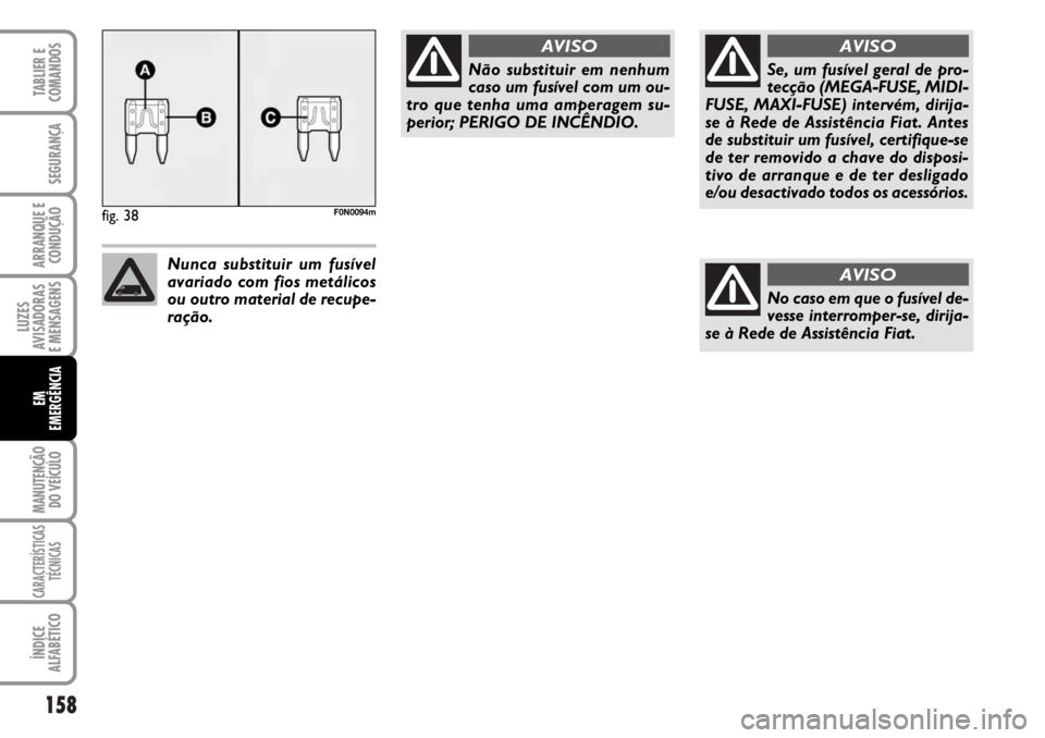 FIAT DUCATO 2006 Manual de Uso e Manutenção (in Portuguese) 158
LUZES
AVISADORAS
E MENSAGENS
MANUTENÇÃO
DO VEÍCULO
CARACTERÍSTICAS
TÉCNICAS
ÍNDICE
ALFABÉTICO
TABLIER E
COMANDOS
SEGURANÇA
ARRANQUE E
CONDUÇÃO
EM
EMERGÊNCIA
fig. 38F0N0094m
Não subs FIAT DUCATO 2006 Manual de Uso e Manutenção (in Portuguese) 158
LUZES
AVISADORAS
E MENSAGENS
MANUTENÇÃO
DO VEÍCULO
CARACTERÍSTICAS
TÉCNICAS
ÍNDICE
ALFABÉTICO
TABLIER E
COMANDOS
SEGURANÇA
ARRANQUE E
CONDUÇÃO
EM
EMERGÊNCIA
fig. 38F0N0094m
Não subs