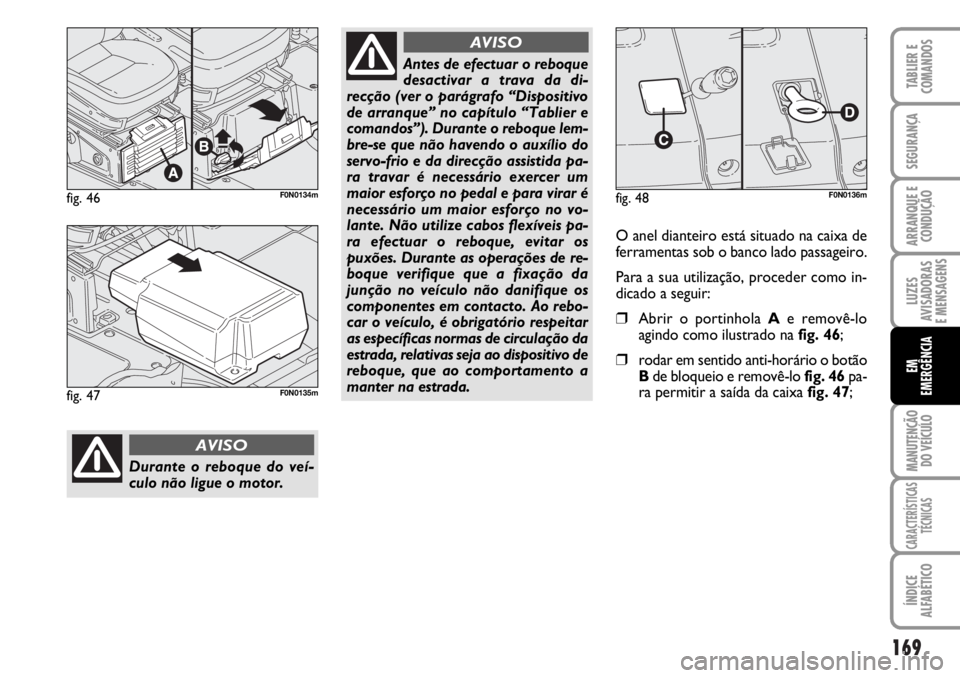 FIAT DUCATO 2006  Manual de Uso e Manutenção (in Portuguese) 169
LUZES
AVISADORAS 
E MENSAGENS 
MANUTENÇÃO
DO VEÍCULO 
CARACTERÍSTICAS
TÉCNICAS
ÍNDICE
ALFABÉTICO
TABLIER E
COMANDOS
SEGURANÇA
ARRANQUE E
CONDUÇÃO
EM
EMERGÊNCIA
fig. 46F0N0134m
Durante o