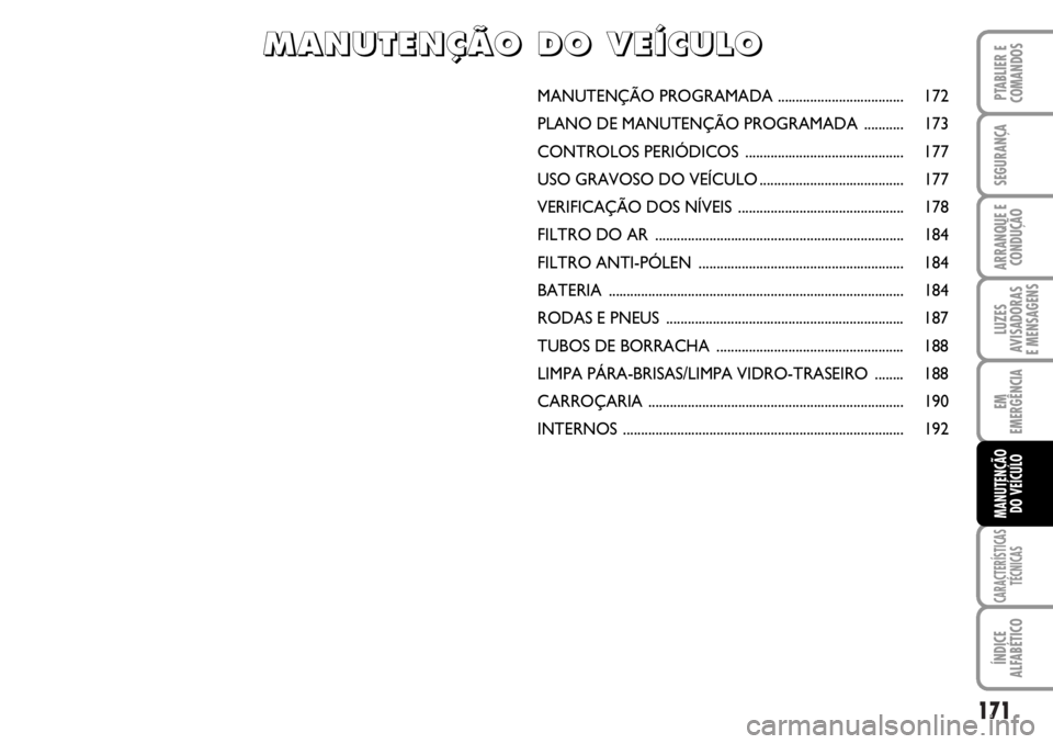 FIAT DUCATO 2006  Manual de Uso e Manutenção (in Portuguese) 171
LUZES
AVISADORAS 
E MENSAGENS 
CARACTERÍSTICAS
TÉCNICAS
ÍNDICE
ALFABÉTICO
PTABLIER E
COMANDOS
SEGURANÇA
ARRANQUE E
CONDUÇÃO
EM
EMERGÊNCIA
MANUTENÇÃO
DO VEÍCULO 
MANUTENÇÃO PROGRAMADA 