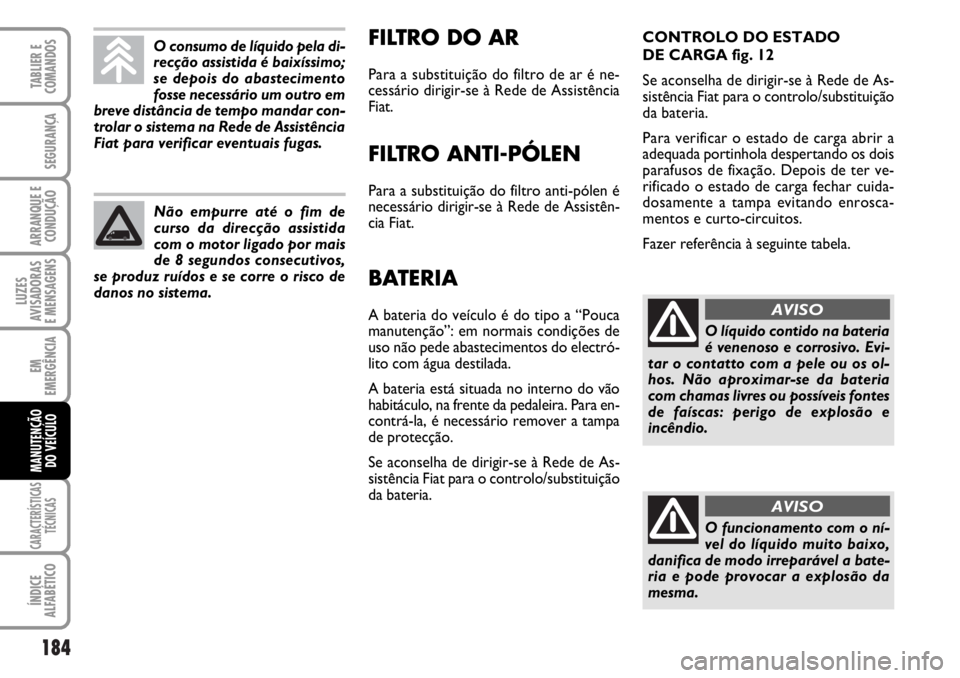 FIAT DUCATO 2006  Manual de Uso e Manutenção (in Portuguese) 184
LUZES
AVISADORAS 
E MENSAGENS 
CARACTERÍSTICAS
TÉCNICAS
ÍNDICE
ALFABÉTICO
TABLIER E
COMANDOS
SEGURANÇA
ARRANQUE E
CONDUÇÃO
EM
EMERGÊNCIA
MANUTENÇÃO
DO VEÍCULO 
FILTRO DO AR
Para a subst