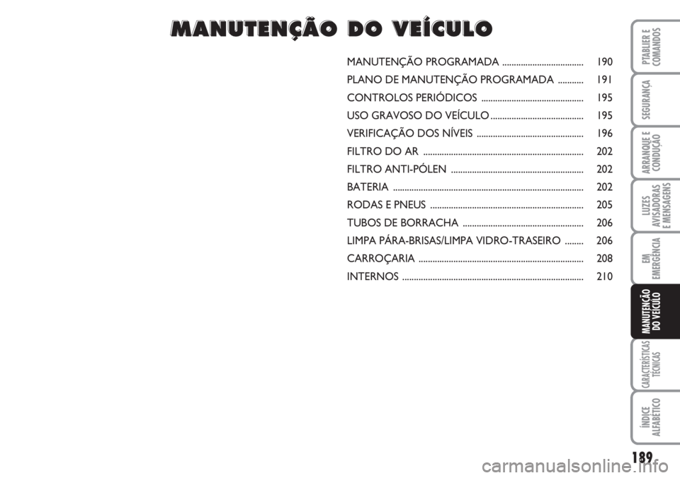 FIAT DUCATO 2007 Manual de Uso e Manutenção (in Portuguese) 189
LUZES
AVISADORAS
E MENSAGENS
CARACTERÍSTICAS
TÉCNICAS
ÍNDICE
ALFABÉTICO
PTABLIER E
COMANDOS
SEGURANÇA
ARRANQUE E
CONDUÇÃO
EM
EMERGÊNCIA
MANUTENÇÃO
DO VEÍCULO
MANUTENÇÃO PROGRAMADA FIAT DUCATO 2007 Manual de Uso e Manutenção (in Portuguese) 189
LUZES
AVISADORAS
E MENSAGENS
CARACTERÍSTICAS
TÉCNICAS
ÍNDICE
ALFABÉTICO
PTABLIER E
COMANDOS
SEGURANÇA
ARRANQUE E
CONDUÇÃO
EM
EMERGÊNCIA
MANUTENÇÃO
DO VEÍCULO
MANUTENÇÃO PROGRAMADA