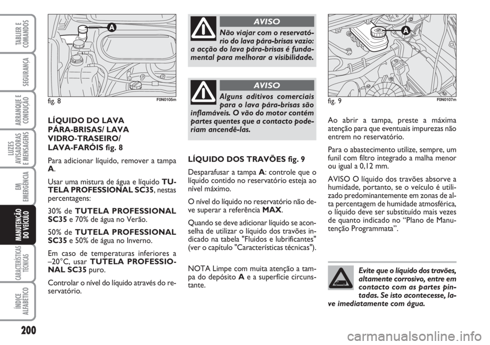 FIAT DUCATO 2007 Manual de Uso e Manutenção (in Portuguese) 200
LUZES
AVISADORAS
E MENSAGENS
CARACTERÍSTICAS
TÉCNICAS
ÍNDICE
ALFABÉTICO
TABLIER E
COMANDOS
SEGURANÇA
ARRANQUE E
CONDUÇÃO
EM
EMERGÊNCIA
MANUTENÇÃO
DO VEÍCULO
LÍQUIDO DOS TRAVÕES fig FIAT DUCATO 2007 Manual de Uso e Manutenção (in Portuguese) 200
LUZES
AVISADORAS
E MENSAGENS
CARACTERÍSTICAS
TÉCNICAS
ÍNDICE
ALFABÉTICO
TABLIER E
COMANDOS
SEGURANÇA
ARRANQUE E
CONDUÇÃO
EM
EMERGÊNCIA
MANUTENÇÃO
DO VEÍCULO
LÍQUIDO DOS TRAVÕES fig
