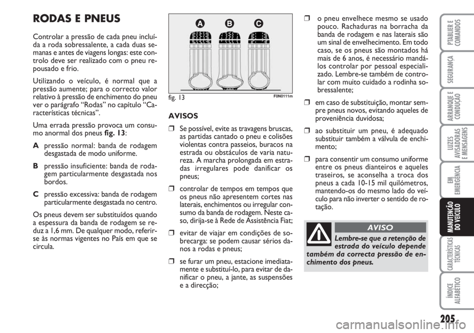 FIAT DUCATO 2007 Manual de Uso e Manutenção (in Portuguese) 205
LUZES
AVISADORAS
E MENSAGENS
CARACTERÍSTICAS
TÉCNICAS
ÍNDICE
ALFABÉTICO
PTABLIER E
COMANDOS
SEGURANÇA
ARRANQUE E
CONDUÇÃO
EM
EMERGÊNCIA
MANUTENÇÃO
DO VEÍCULO
RODAS E PNEUS
Controlar FIAT DUCATO 2007 Manual de Uso e Manutenção (in Portuguese) 205
LUZES
AVISADORAS
E MENSAGENS
CARACTERÍSTICAS
TÉCNICAS
ÍNDICE
ALFABÉTICO
PTABLIER E
COMANDOS
SEGURANÇA
ARRANQUE E
CONDUÇÃO
EM
EMERGÊNCIA
MANUTENÇÃO
DO VEÍCULO
RODAS E PNEUS
Controlar