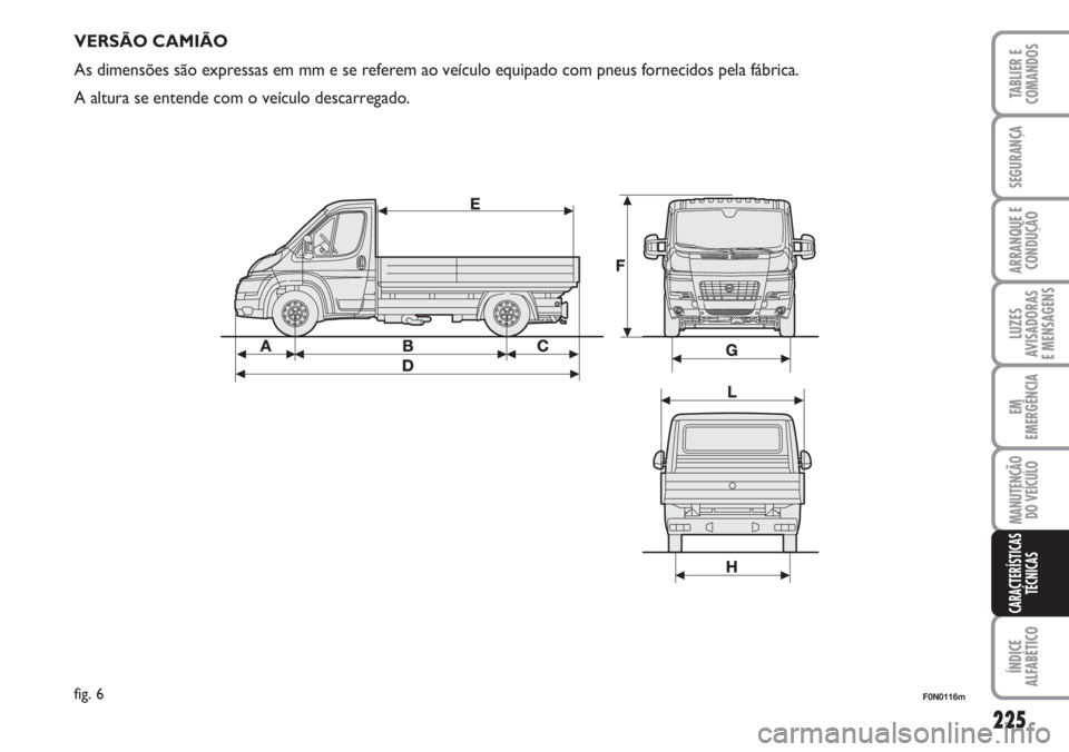FIAT DUCATO 2007  Manual de Uso e Manutenção (in Portuguese) 225
LUZES
AVISADORAS 
E MENSAGENS 
ÍNDICE
ALFABÉTICO
TABLIER E
COMANDOS
SEGURANÇA
ARRANQUE E
CONDUÇÃO
EM
EMERGÊNCIA
MANUTENÇÃO
DO VEÍCULO 
CARACTERÍSTICAS
TÉCNICAS
F0N0116mfig. 6
VERSÃO CA
