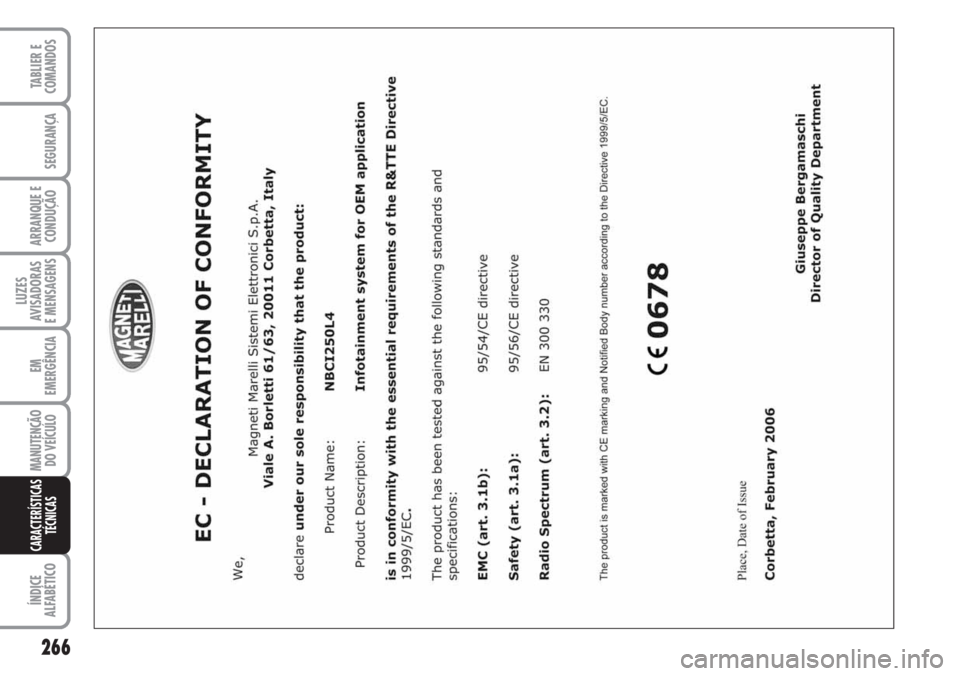 FIAT DUCATO 2007  Manual de Uso e Manutenção (in Portuguese) 266
LUZES
AVISADORAS 
E MENSAGENS 
ÍNDICE
ALFABÉTICO
TABLIER E
COMANDOS
SEGURANÇA
ARRANQUE E
CONDUÇÃO
EM
EMERGÊNCIA
MANUTENÇÃO
DO VEÍCULO 
CARACTERÍSTICAS
TÉCNICAS 